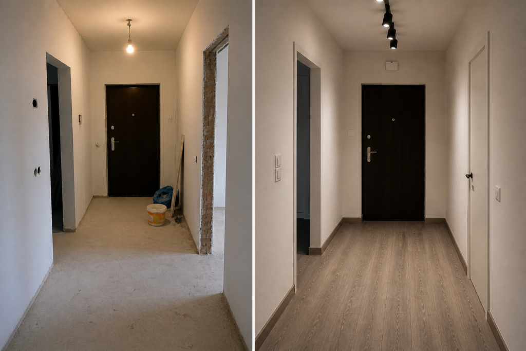 renovacija stana prije i poslije hodnik novi parket bijeli zidovi vrata